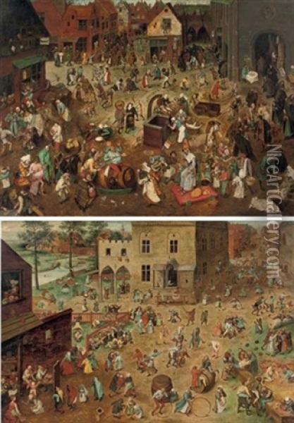 The Battle Between Carnival And Lent (+ The Children's Games; Pair) Oil Painting - Pieter Brueghel the Younger
