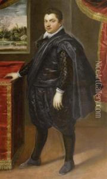 Interior With Full Length Portrait Of A Nobleman Oil Painting - Domenico Tintoretto