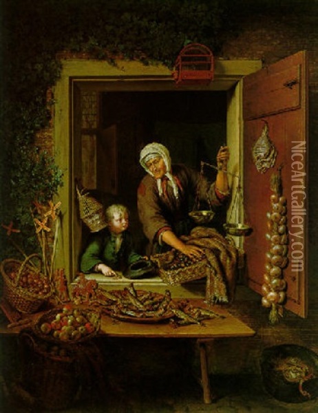 A Boy Buying Chestnusts From An Old Woman At A Shop Window, With Fish, Apples, And Other Vegetables On Plates And In Baskets Oil Painting - Willem van Mieris
