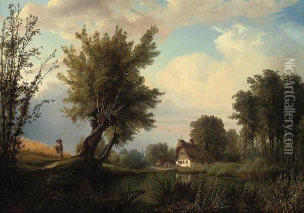 A Day Out Fishing Oil Painting - Gustav Adolf Boenisch