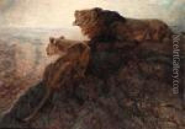 Lion And Lioness On A Rocky Outcrop Oil Painting - Carl Ritter Von Dombrowski