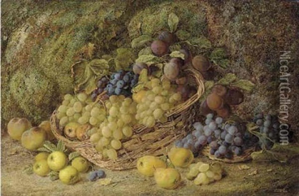 Grapes, Apples, Plums, And Blueberries In A Wicker Basket, With Pears And Peaches On A Mossy Bank Oil Painting - Vincent Clare