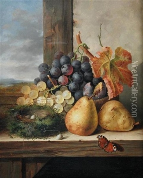 A Still Life Of A Bunch Of Grapes, Plums, Pears And A Bird's Nest, With A Peacock Butterfly On A Ledge Oil Painting - Edward Ladell