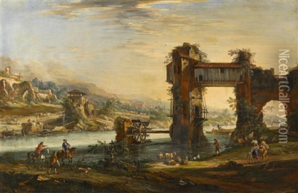 Landschaft Mit Reitern, Bauern Und Tieren Oil Painting - Giovanni Antonio Eisman