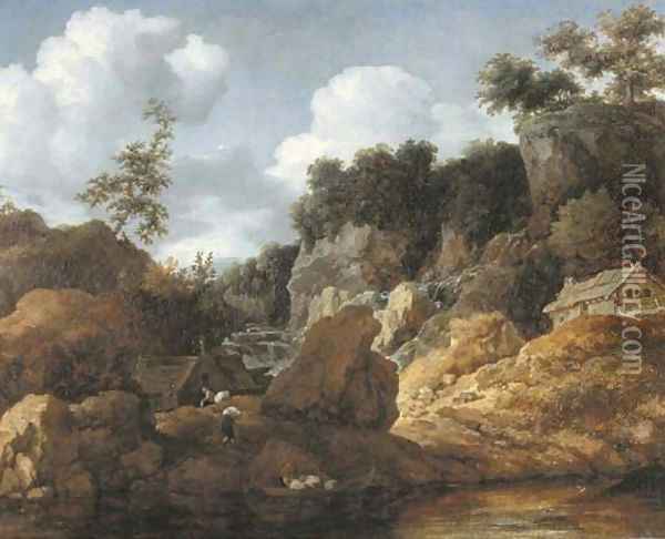 A wooded river landscape with peasants loading a boat Oil Painting - Allaert van Everdingen