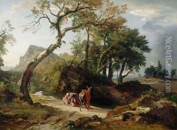The Rescue of the Injured Man by the Merciful Samaritan Evening c.1856 Oil Painting - Johann Wilhelm Schirmer