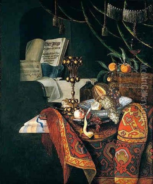 A Still Life Of Fruit In A Porcelain Bowl, Upon A Pewter Dish, Together With A Gilt Cup And A Venetian Wine-glass, All Upon A Table-top, Music Scores Beyond Oil Painting - Pieter Forbes