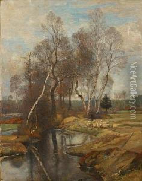 Landschap Met Schapen Aan Het Ven . Oil Painting - Hendrik Van Der Hecht
