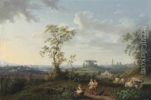 A View Of Rome Seen From The Villa Patrizi, With Figures And Cattle Resting In The Foreground Oil Painting - Jacob Philipp Hackert