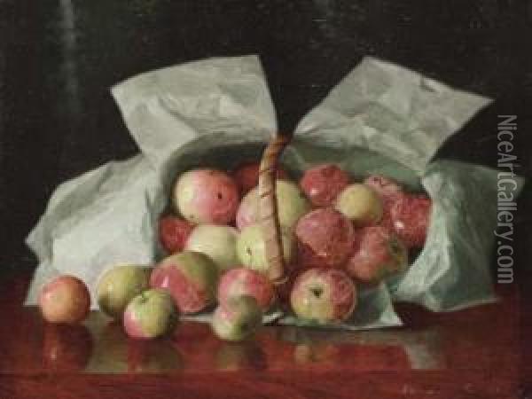 Lady Apples In Overturned Basket Oil Painting - William Joseph Mccloskey