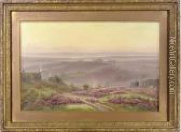 The Sun Setting Over Heather Covered Hills Oil Painting - Gaston Anglade