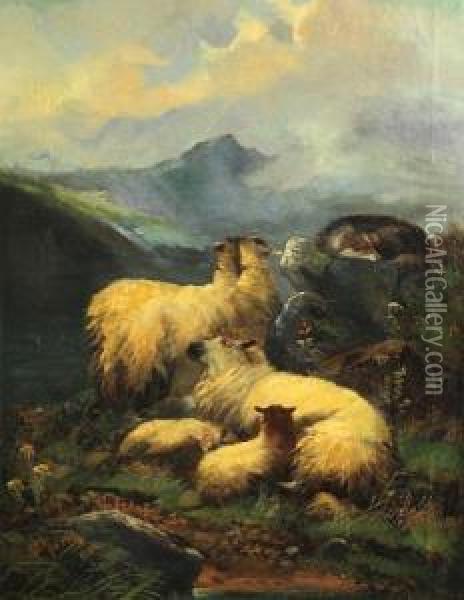 Guarding The Sheep Oil Painting - James W. Morris