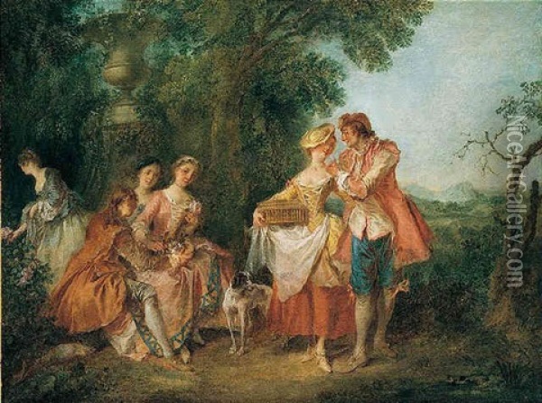 A Fete Champetre With Figures Conversing In A Parkland Setting Oil Painting - Nicolas Lancret