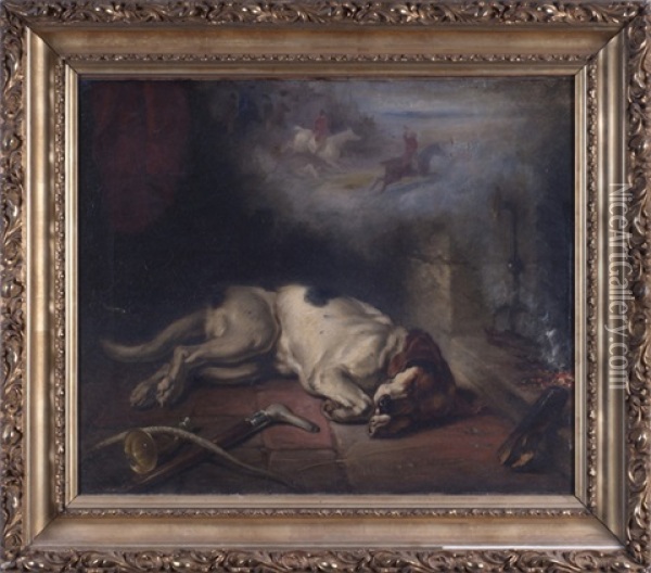 Foxhound Before A Fire, Dreaming Of The Hunt Oil Painting - George Earl