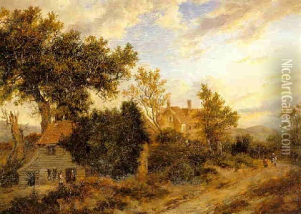 Travellers By Rural Buildings In Wooded Landscape Oil Painting - Patrick Nasmyth