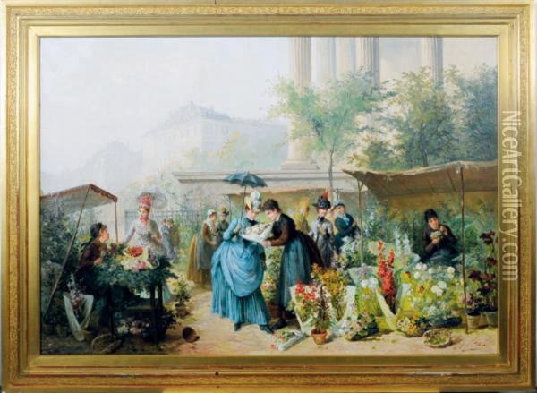 Flower Market By The Madeleine, Paris Oil Painting - Henri-Louis Levasseur