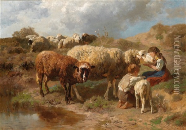 Kinder Mit Schafen An Der Tranke Oil Painting - Anton Braith