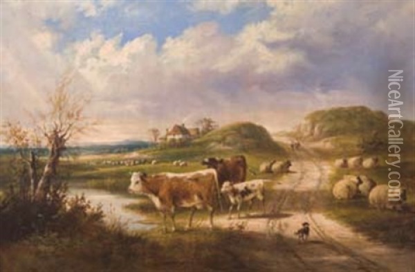 Pastoral Scene With Cows Beside Watering Hole Oil Painting - William Meadows