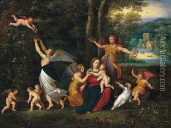 Maria Mit Dem Kind Und Engeln In Einer Waldlandschaft Oil Painting - Peeter Van Avont