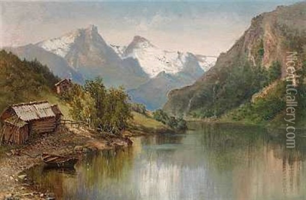 Norsk Bjerglandskab Med Smahytter Og En Jolle Ved En So Oil Painting - Josephina Holmlund