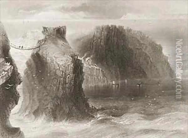 Carrick-a-Rede Rope Bridge, County Antrim, Northern Ireland Oil Painting - William Henry Bartlett