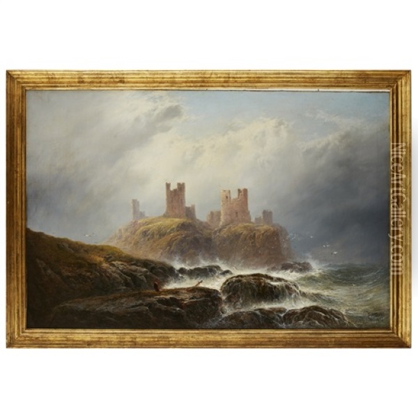 A View Of Dunstanborough Castle, Northumberland Oil Painting - George Blackie Sticks