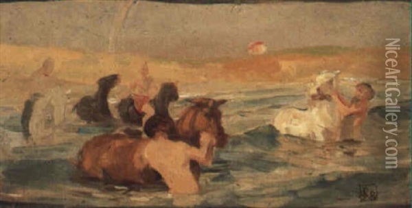 Bathing Horses Oil Painting - Rupert Bunny