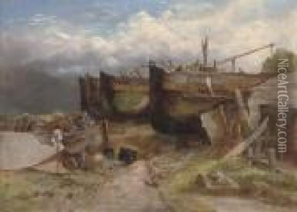 The Old Boat Yard At Yarmouth Oil Painting - Henry Bright