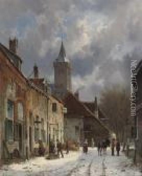 A Dutch Town In Winter Oil Painting - Adrianus Eversen