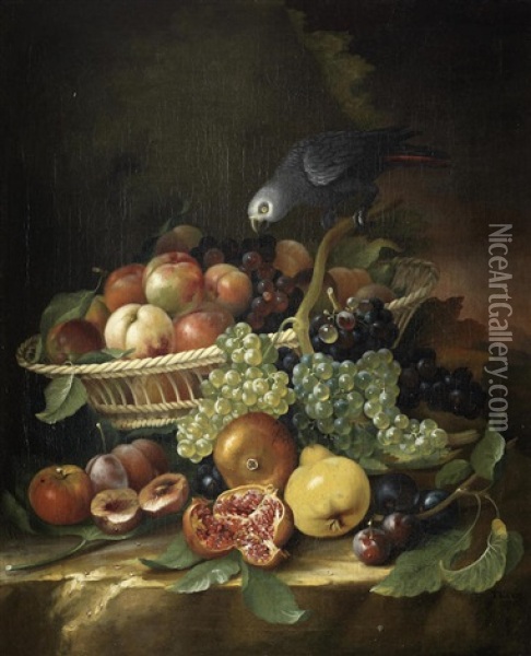 Pomegranates, Plums, Grapes And A Basket Of Fruit On A Stone Ledge With A Parrot Oil Painting - Thomas Keyse