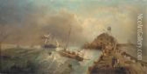 Shipping Off A Harbor In Stormy Seas Oil Painting - Charles Euphrasie Kuwasseg