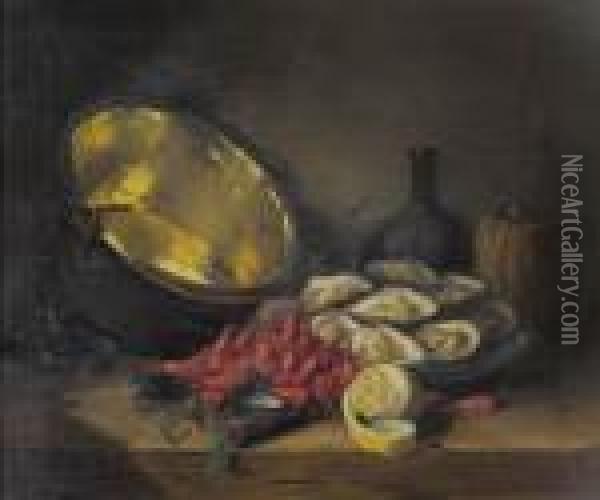 Stillleben Mit Garnelen Und Austern Oil Painting - Alphonse de Neuville