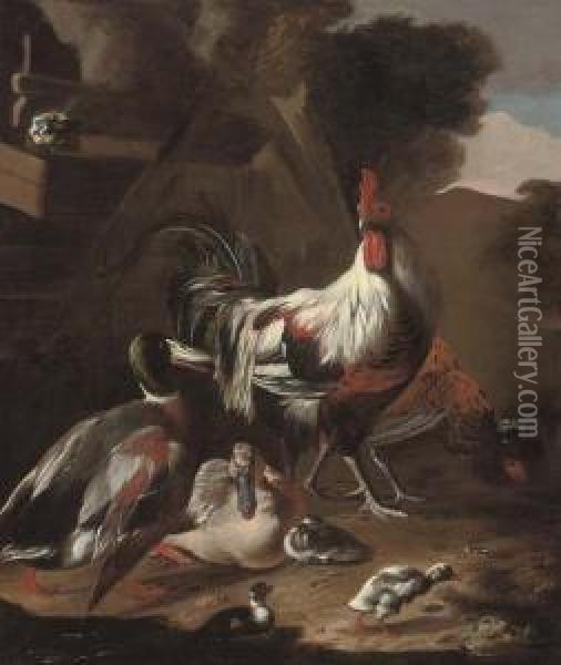 A Cockerel, Hen, Ducks, Chicks And Blue Tit In A Farmyard Oil Painting - Marmaduke Cradock