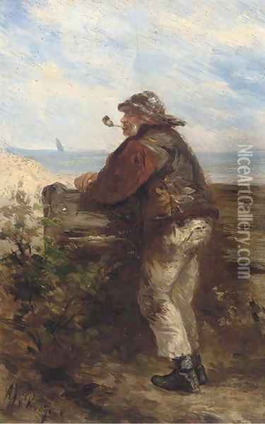 A fisherman looking out to see Oil Painting - Albert Jurardus Van Prooyen
