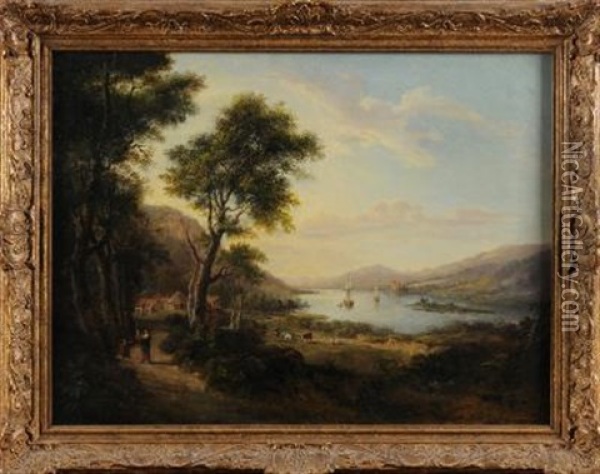 Loch Fyne, An Extensive Landscape, Figures On A Path In The Foreground, View To A Loch Beyond Oil Painting - Alexander Nasmyth