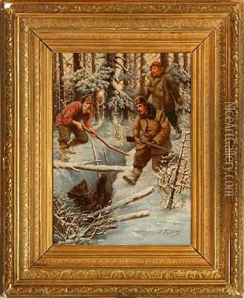 Russian Bear Hunt Scene Oil Painting - Efim A. Tikhmenev