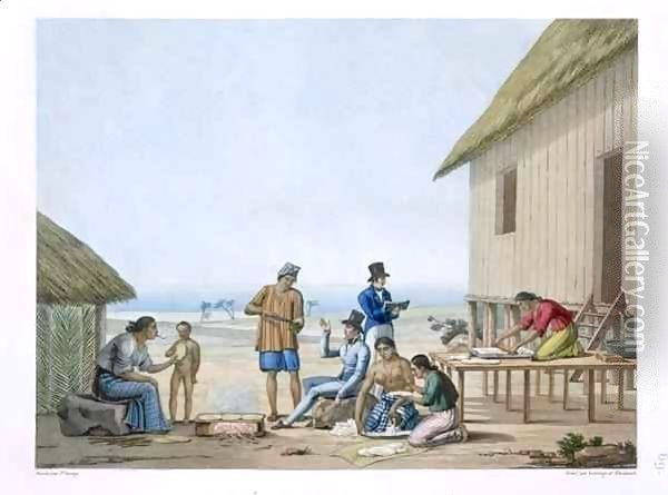 Domestic occupations, Agagna, Guam, Philippines, from 'Voyage Autour du Monde (1817-20) Oil Painting - Jacques Etienne Victor Arago