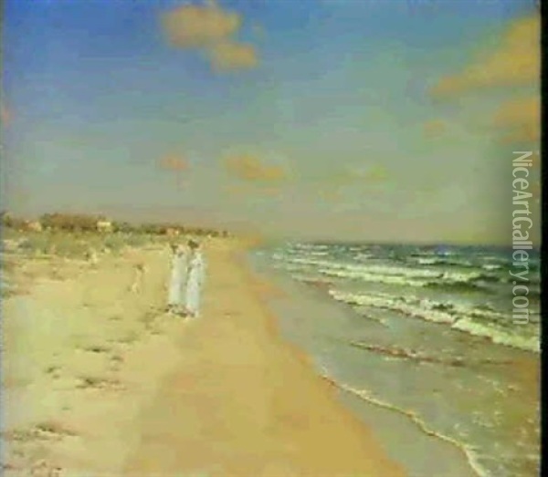 Figures Strolling Along A Beach Oil Painting - Johan Fredrik Krouthen