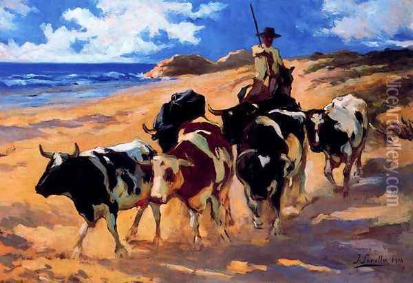 Oxen on the beach Oil Painting - Joaquin Sorolla Y Bastida
