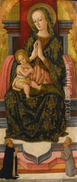 Madonna And Child Enthroned With Saints Vincent Ferrer And Bernardinus Oil Painting - Pietro Alamanno