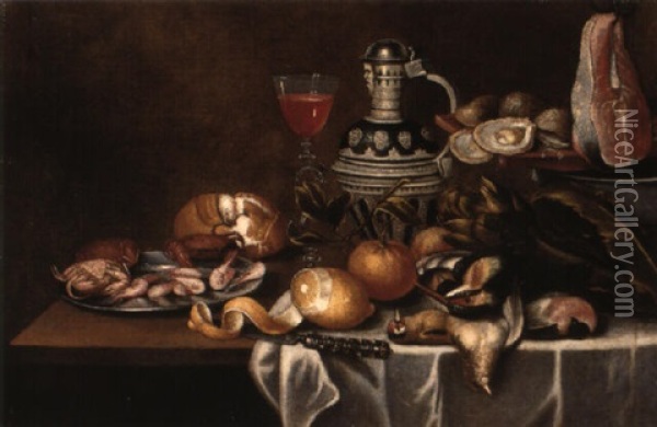 Crabs And Prawns On A Pewter Plate With Game, Dishes And Vegetables Oil Painting - Cornelis Mahu