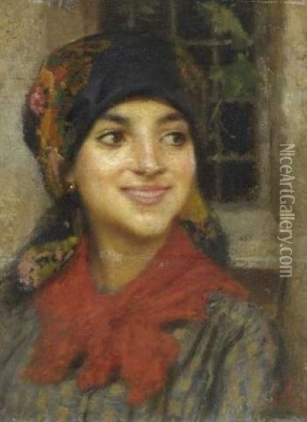 Junge Frau Mit Kopftuch Oil Painting - Antonio Barzaghi-Cattaneo