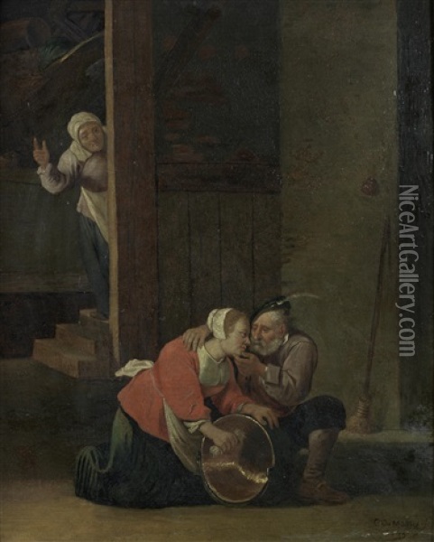 An Old Man Courting A Young Maid In A Barn Interior (after David Teniers The Younger) Oil Painting - Cornelis Mahu