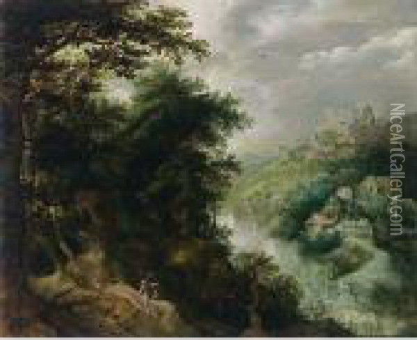 An Extensive Wooded River 
Landscape With A Huntsman And His Dogs On A Path, A Village Beyond Oil Painting - Anton Mirou