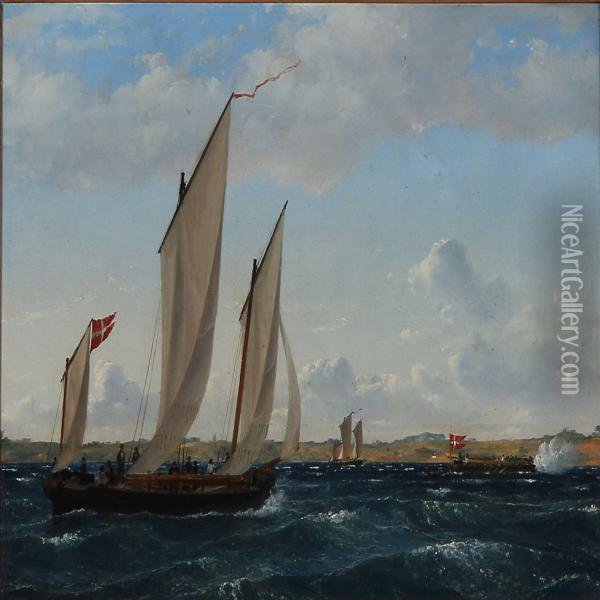 Danish Ships Off A Coast Oil Painting - Emanuel Larsen