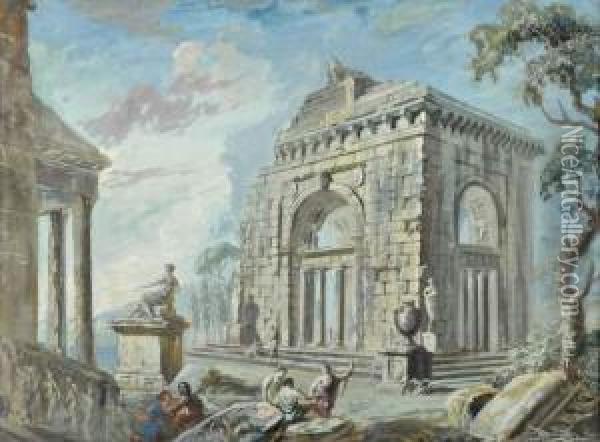 Caprice De Ruines Romaines Animees De Personnages. Oil Painting - Giovanni Niccolo Servandoni
