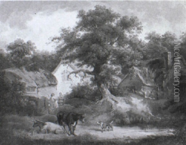 Cattle And A Dog By A Homestead Oil Painting - Thomas Hand