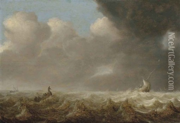 Fishing Boats In Rough Seas Oil Painting - Arnoldus van Anthonissen