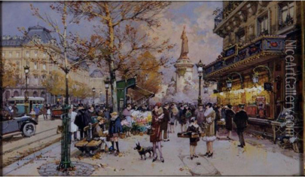 Paris, Place De La Republique, The Flower Market Oil Painting - Eugene Galien-Laloue