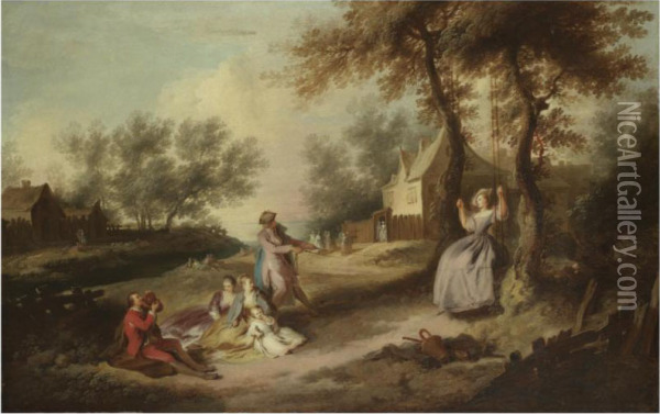 A Family Picnicking In A Landscape With A Gentleman Pulling A Ladyon A Swing Oil Painting - Michel-Barthelemy Ollivier